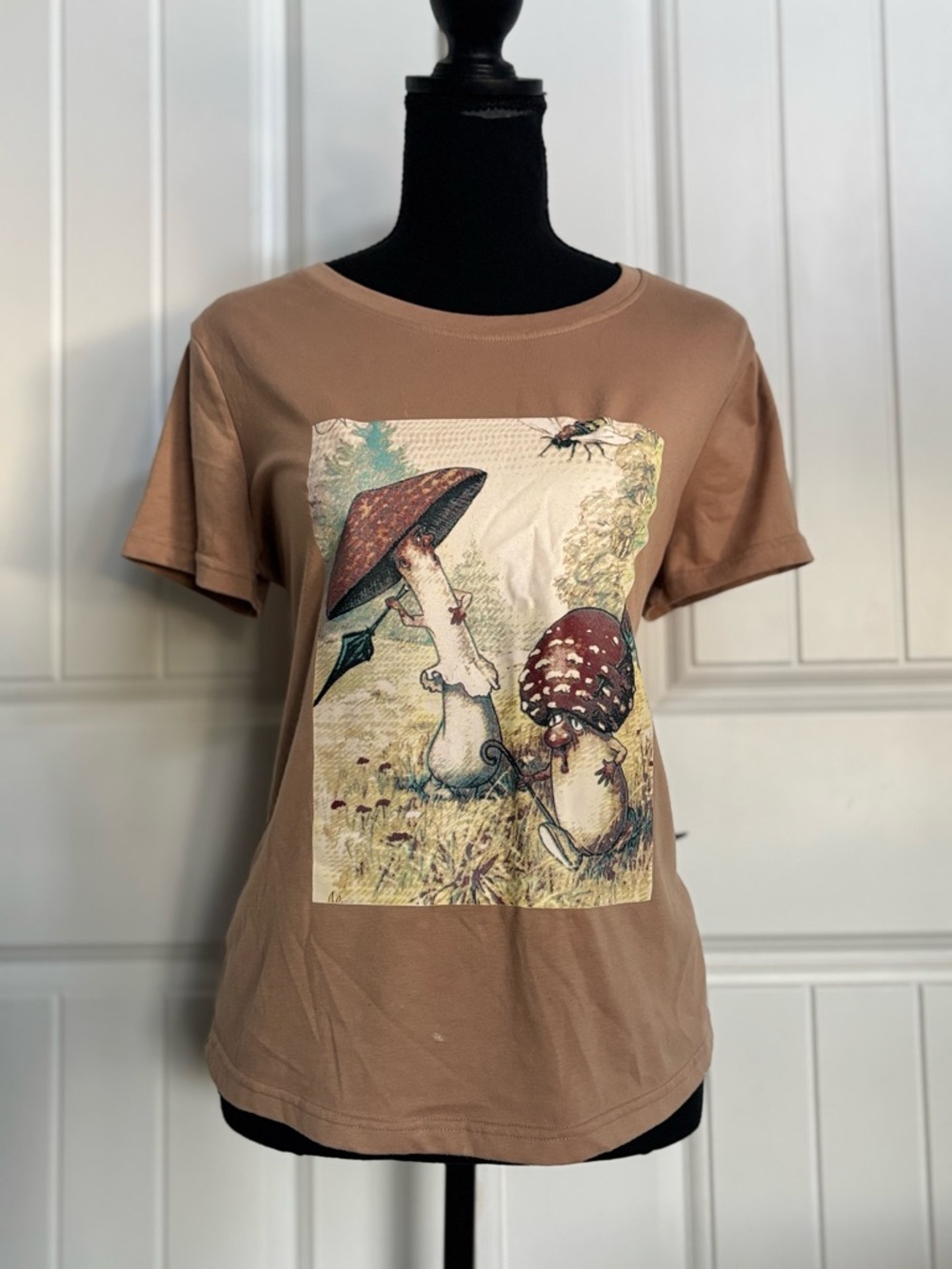 SHEIN Brown Mushroom Graphic Short Sleeve Tee